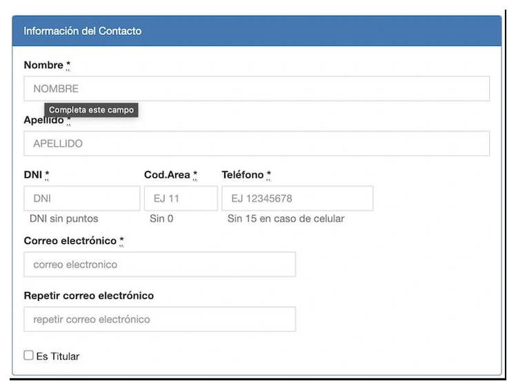 Paso 2 para sacar turno de la VTV en Baradero: información del contacto